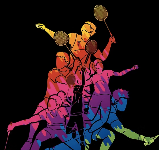 Colorful badminton player silhouettes layered in yellow, orange, pink, blue, and green